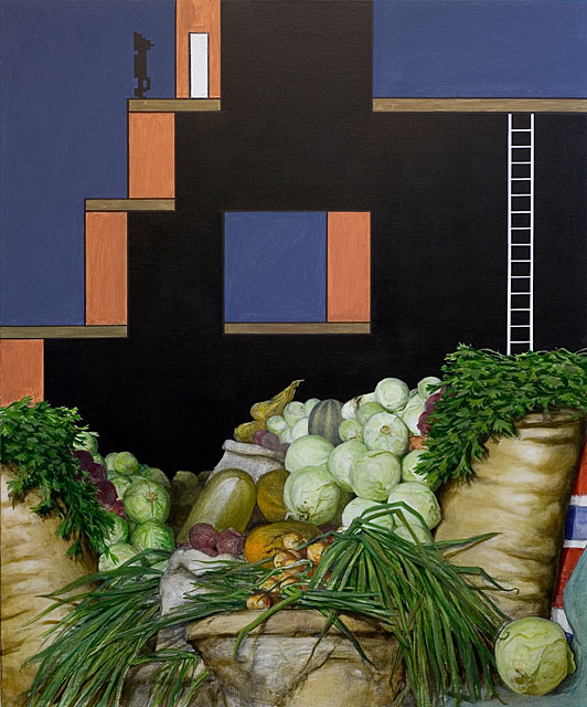 In which refreshments are plentiful. painting by Kristoffer Zetterstrand. cabbages, lode runner, vegetables, pupking, melons, parseley